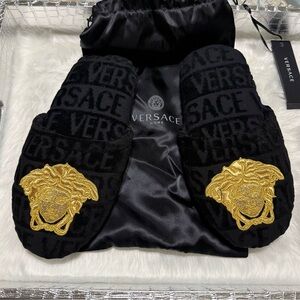 NEW!  Versace Black and Gold Embroidered Medusa Terricloth Slippers - Small